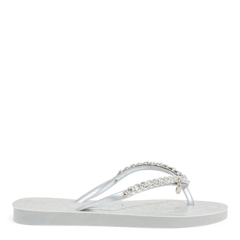 Chinelo Flip Flop Borracha Corrente Tiras Finas Metalizado Prata