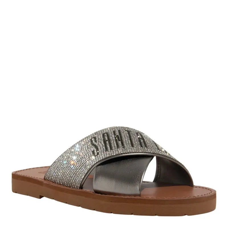 Rasteira Napa Cinza Pewter Metalizado Bico Redondo Brilho