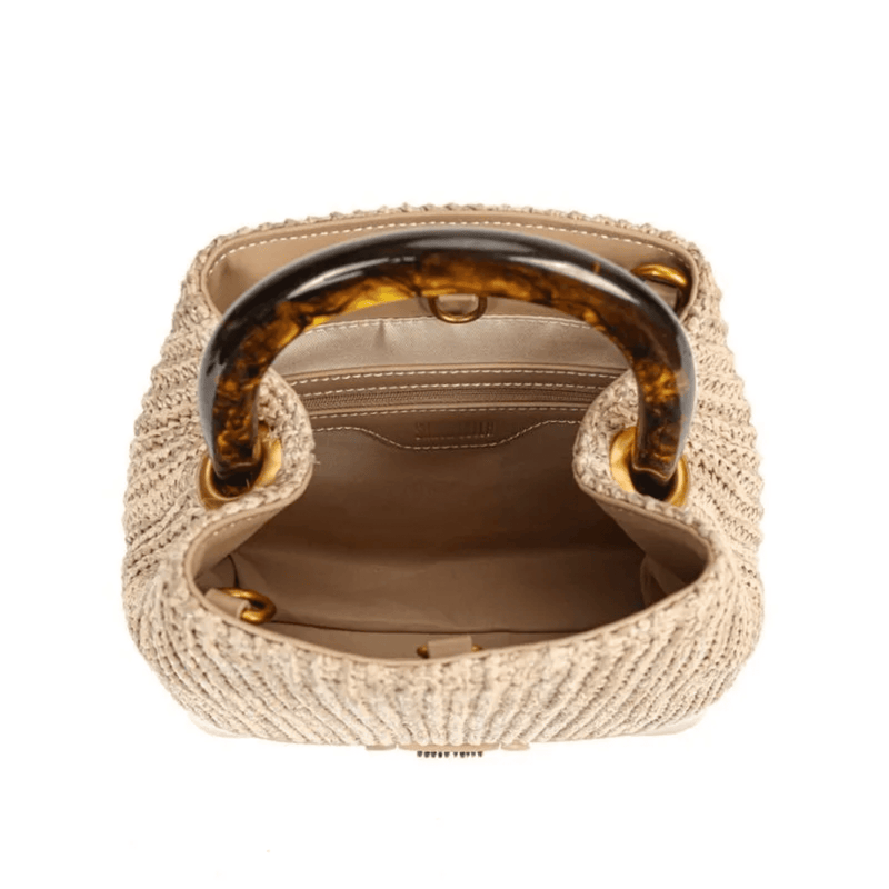 Bolsa Bucket Palha Tramado Bege Alça De Mão