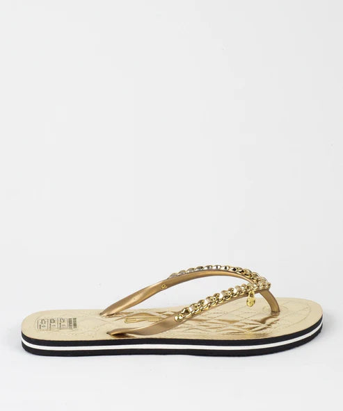 Chinelo Flip Flop Borracha Corrente Tiras Finas Metalizado Dourado